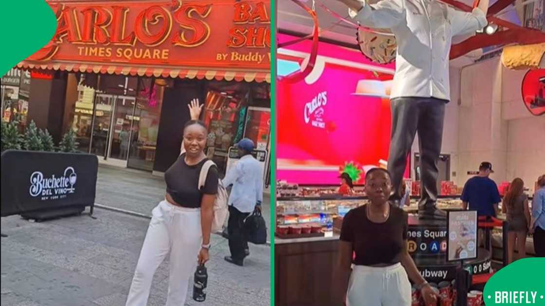 A South African woman visits the iconic Carlos Bakery in the US, capturing a nostalgic travel moment