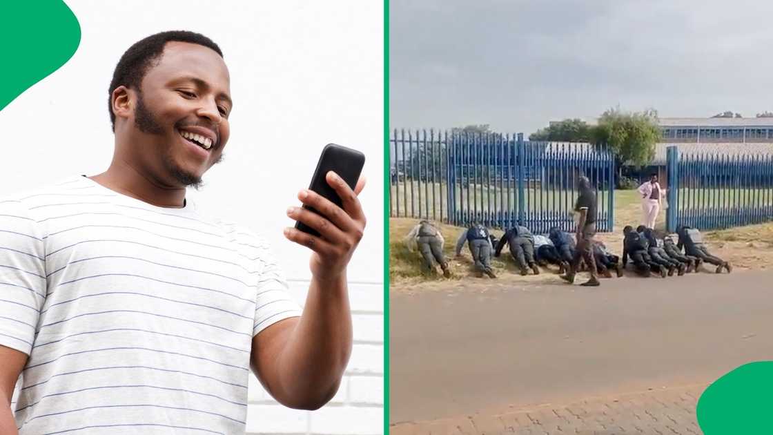 A stock photo of a man looking at a phone and learners pictured working out