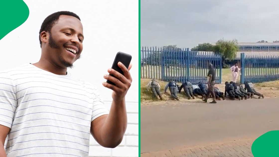 A stock photo of a man looking at a phone and learners pictured working out A stock photo of a man looking at a phone and learners pictured working out