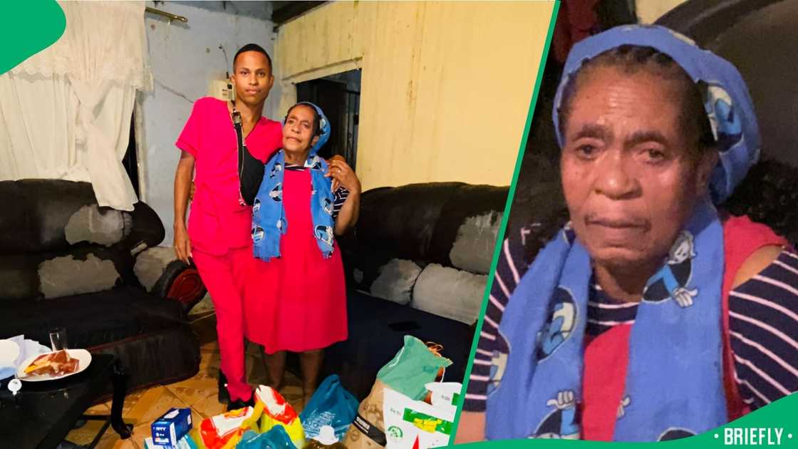 Granny receives groceries from grandchild Granny receives groceries from grandchild
