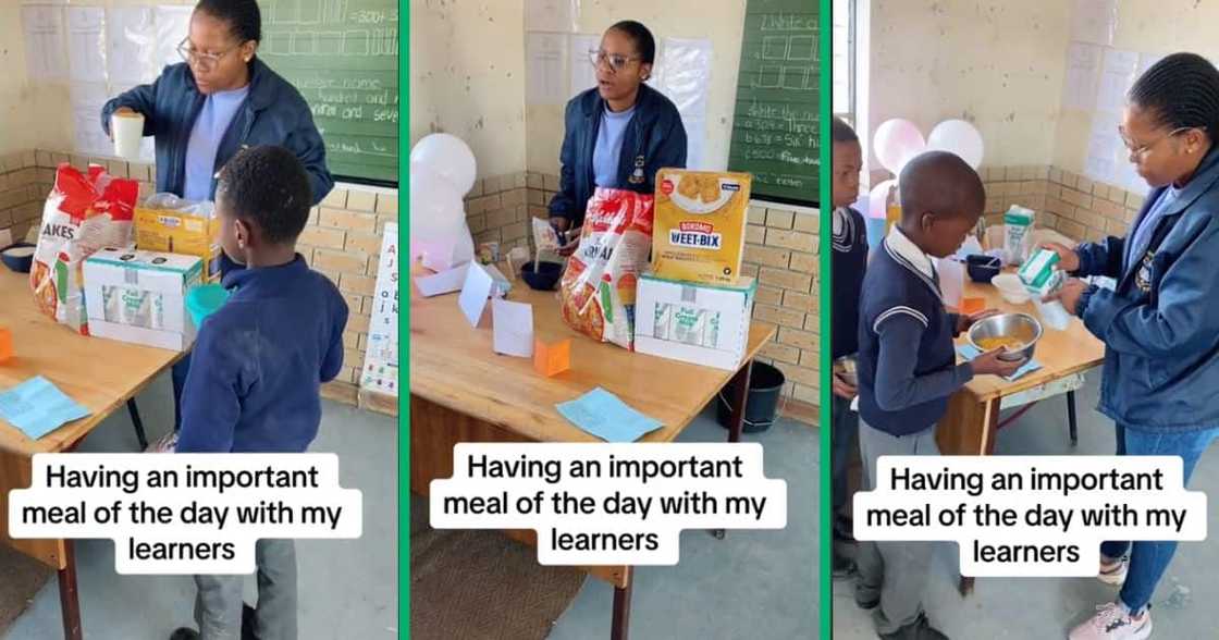 Teacher feeds pupils breakfast Teacher feeds pupils breakfast