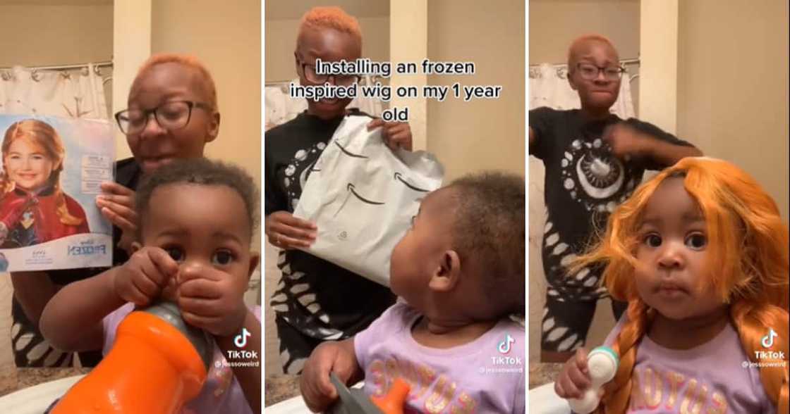 Mother trying a Frozen wig on her baby Mother trying a Frozen wig on her baby