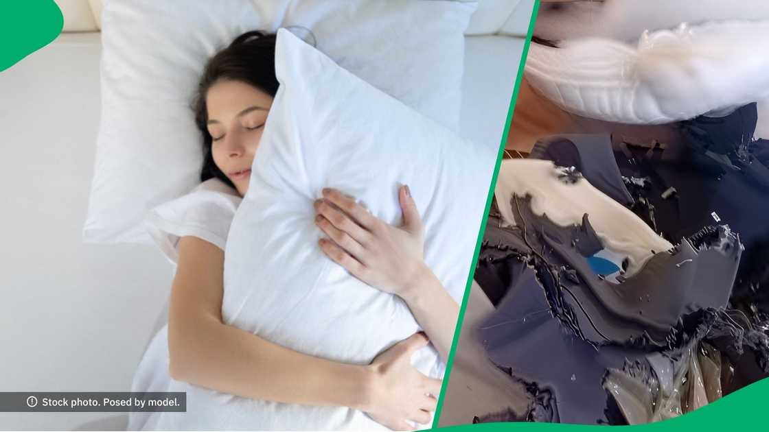 Woman's new pillow from online store filled with random things Woman's new pillow from online store filled with random things