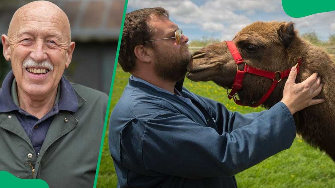 Dr. Pol smiling for the camera (L). Charles Pol petting an animal (R)