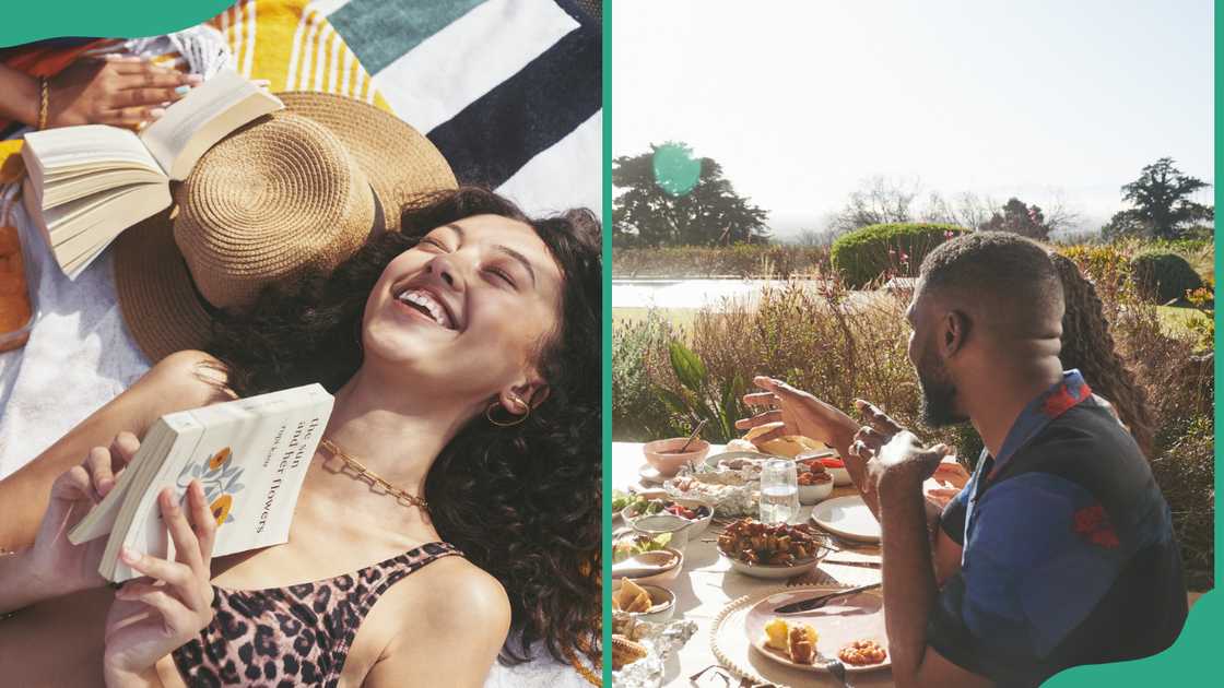 A woman lying down reading a book and a family having a meal outdoors advertising TFG A woman lying down reading a book and a family having a meal outdoors advertising TFG