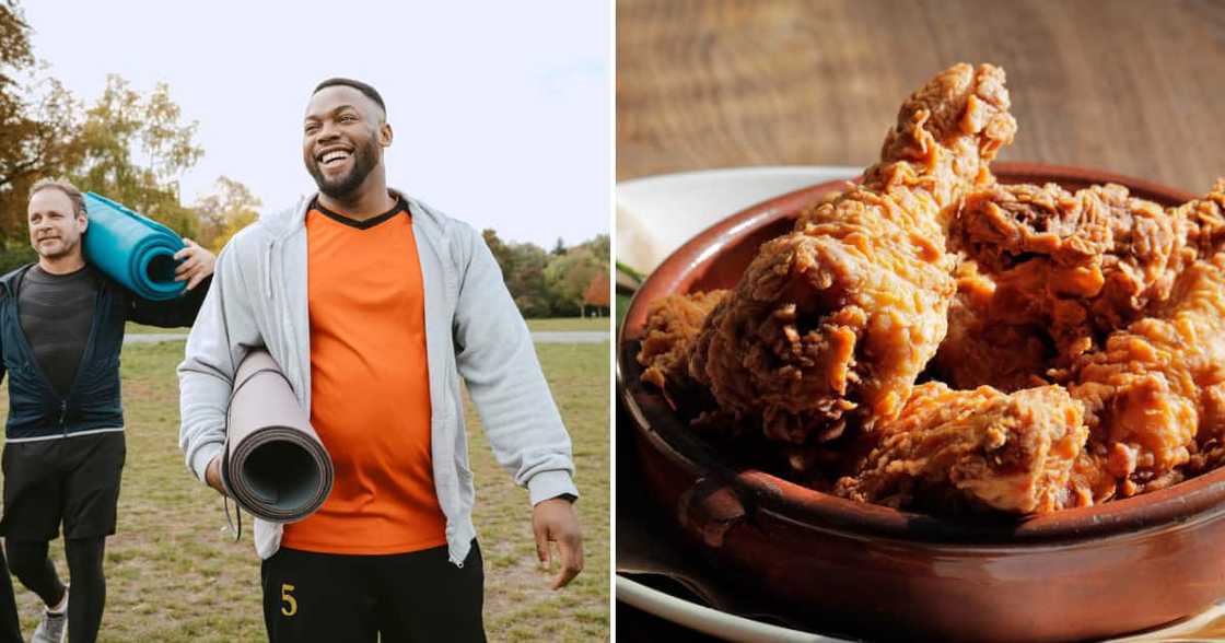 An enthusiastic gym instructor exercised with a bucket of KFC next to him