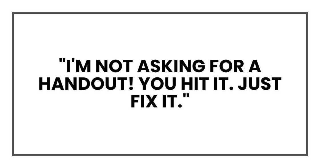 "I'm not asking for a handout!" I said. "You hit it. Just fix it."