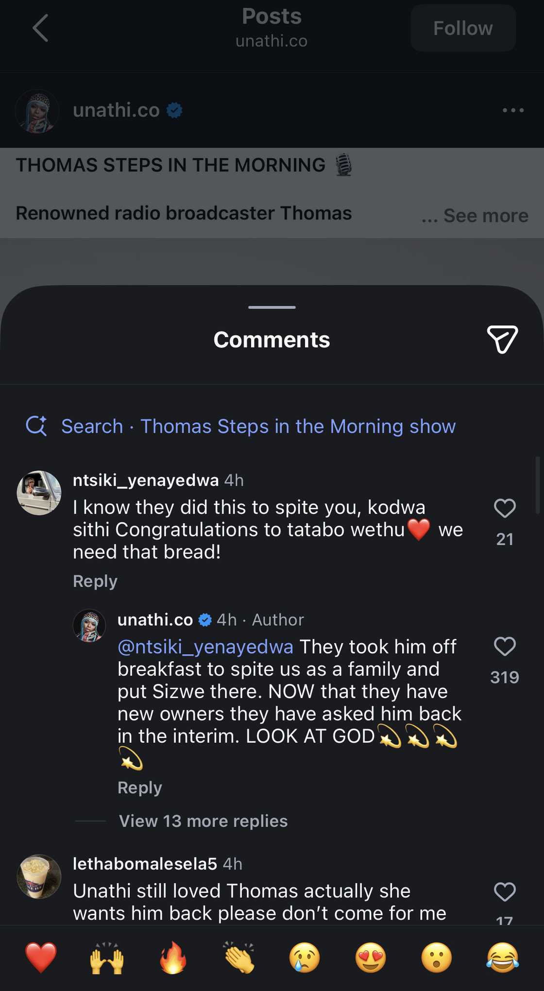 Unathi responded to Thomas' reinstatement on Kaya 959. Unathi responded to Thomas' reinstatement on Kaya 959.