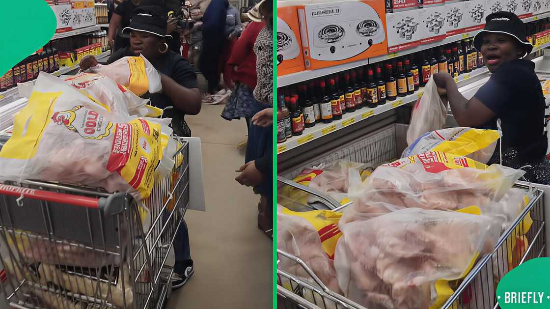 A woman participated in a trolley dash and grabbed loads of chicken.