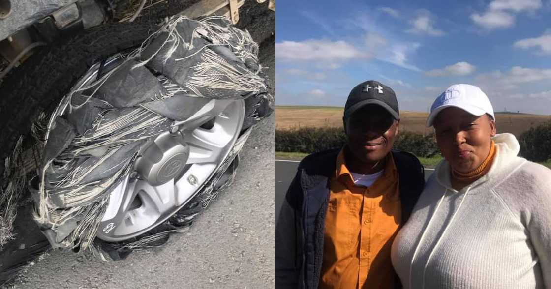 Local ladies tyre completely destroyed, good Samaritans save the day Local ladies tyre completely destroyed, good Samaritans save the day