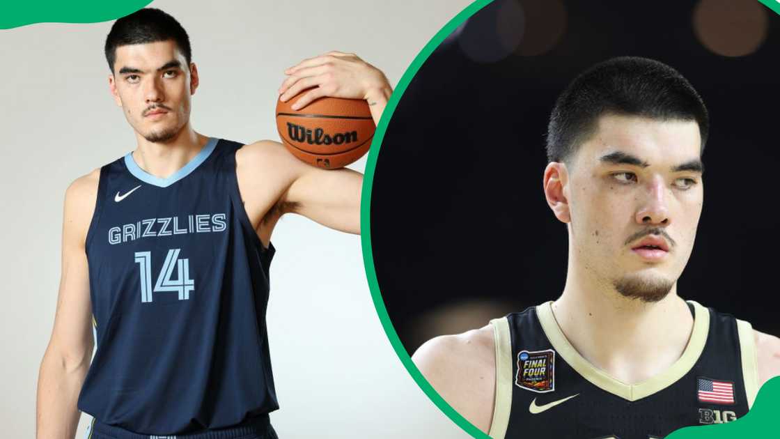 Zach Edey poses for a portrait during the 2024 NBA Rookie Photo Shoot at UNLV (L). Zach walks across the court (R).