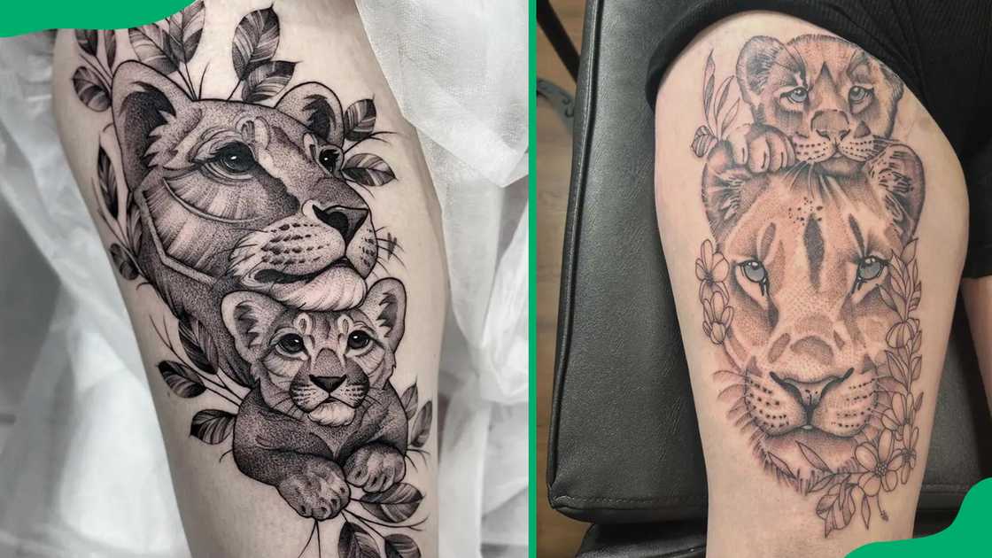 Lioness thigh tattoos. Lioness thigh tattoos.
