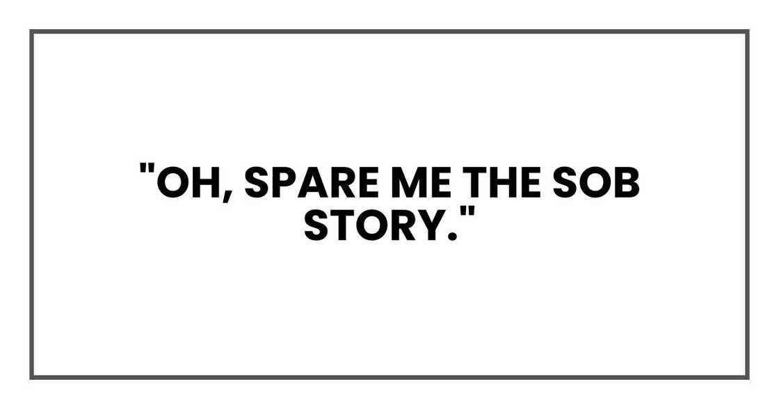 "Oh, spare me the sob story." "Oh, spare me the sob story."