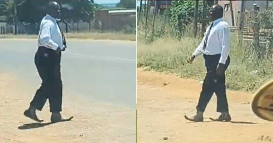 Man tries to walk with pointy shoes Man tries to walk with pointy shoes