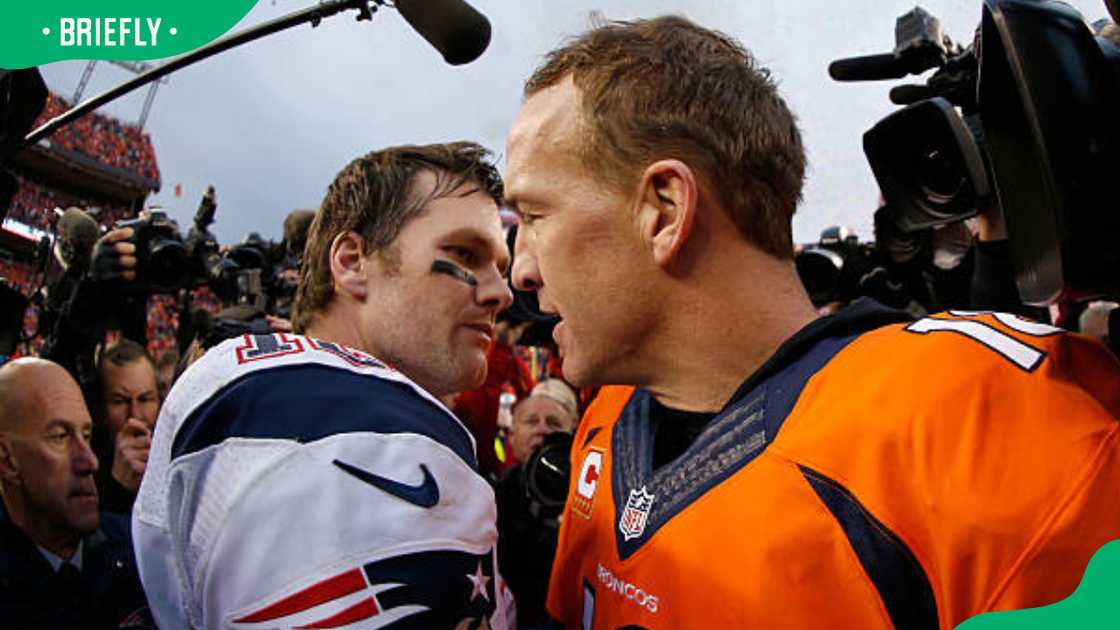 Peyton Manning (L) and Tom Brady after the AFC Championship game Peyton Manning (L) and Tom Brady after the AFC Championship game