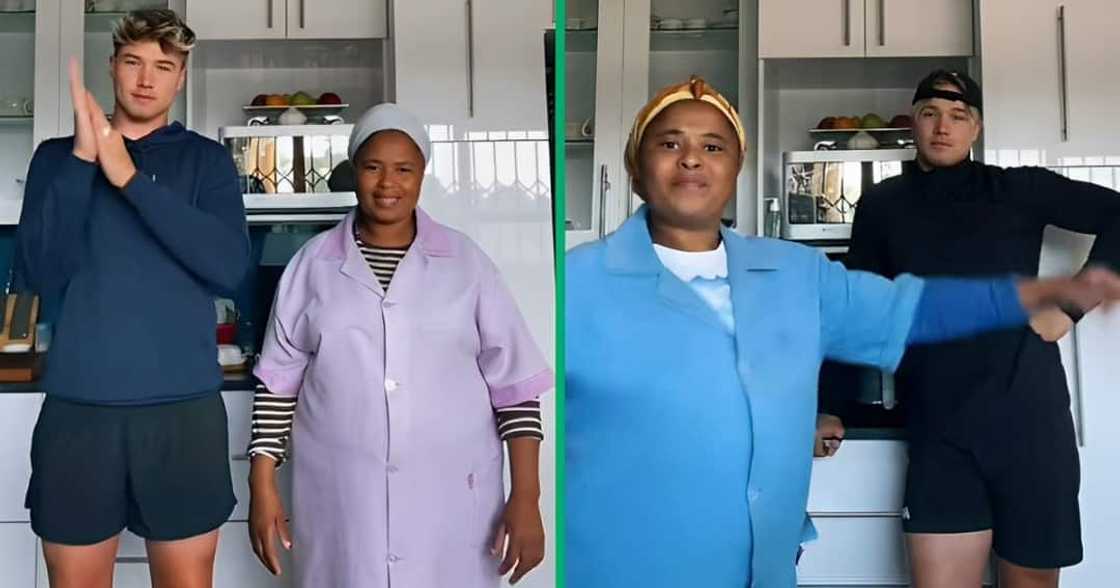 A TikTok video shows a domestic worker and young man dancing together. A TikTok video shows a domestic worker and young man dancing together.