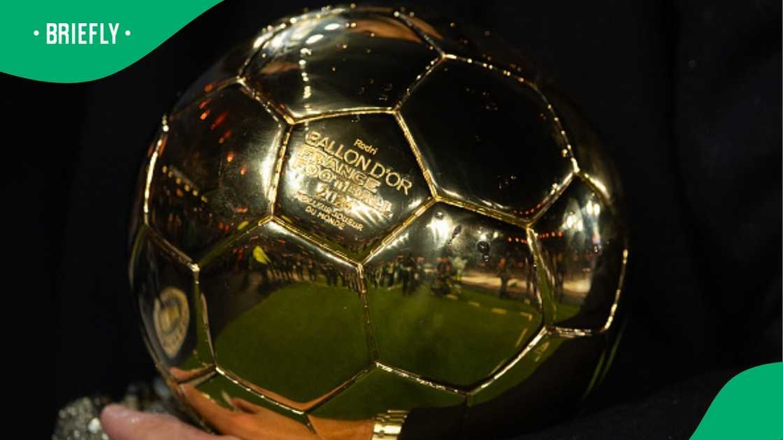 A view of the Ballon d'Or trophy won by Manchester City's Rodri.