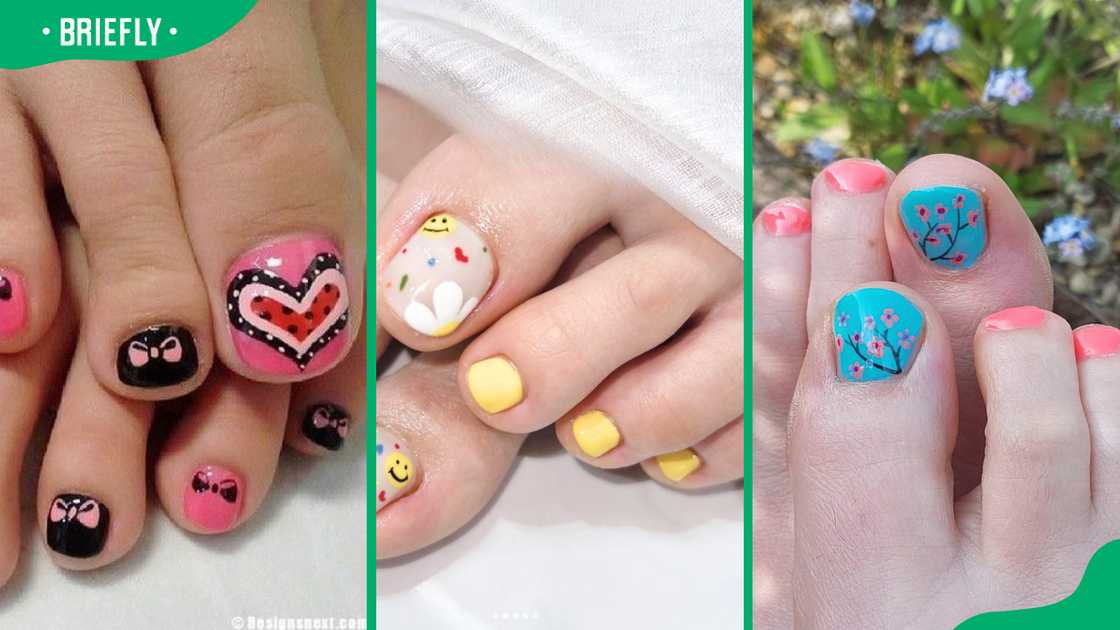 Hearts toenails (L), Sunshine yellow summer toenails (C), Floral nail design (R)