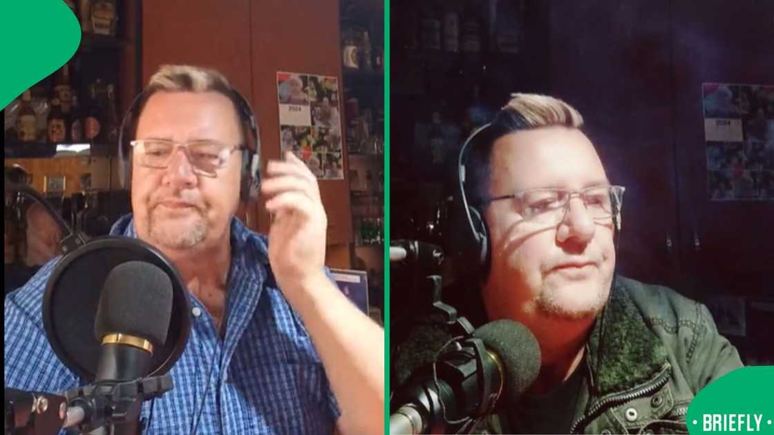 The visual on the right captured a man sitting infront of a mic, wearing headphones The visual on the right captured a man sitting infront of a mic, wearing headphones