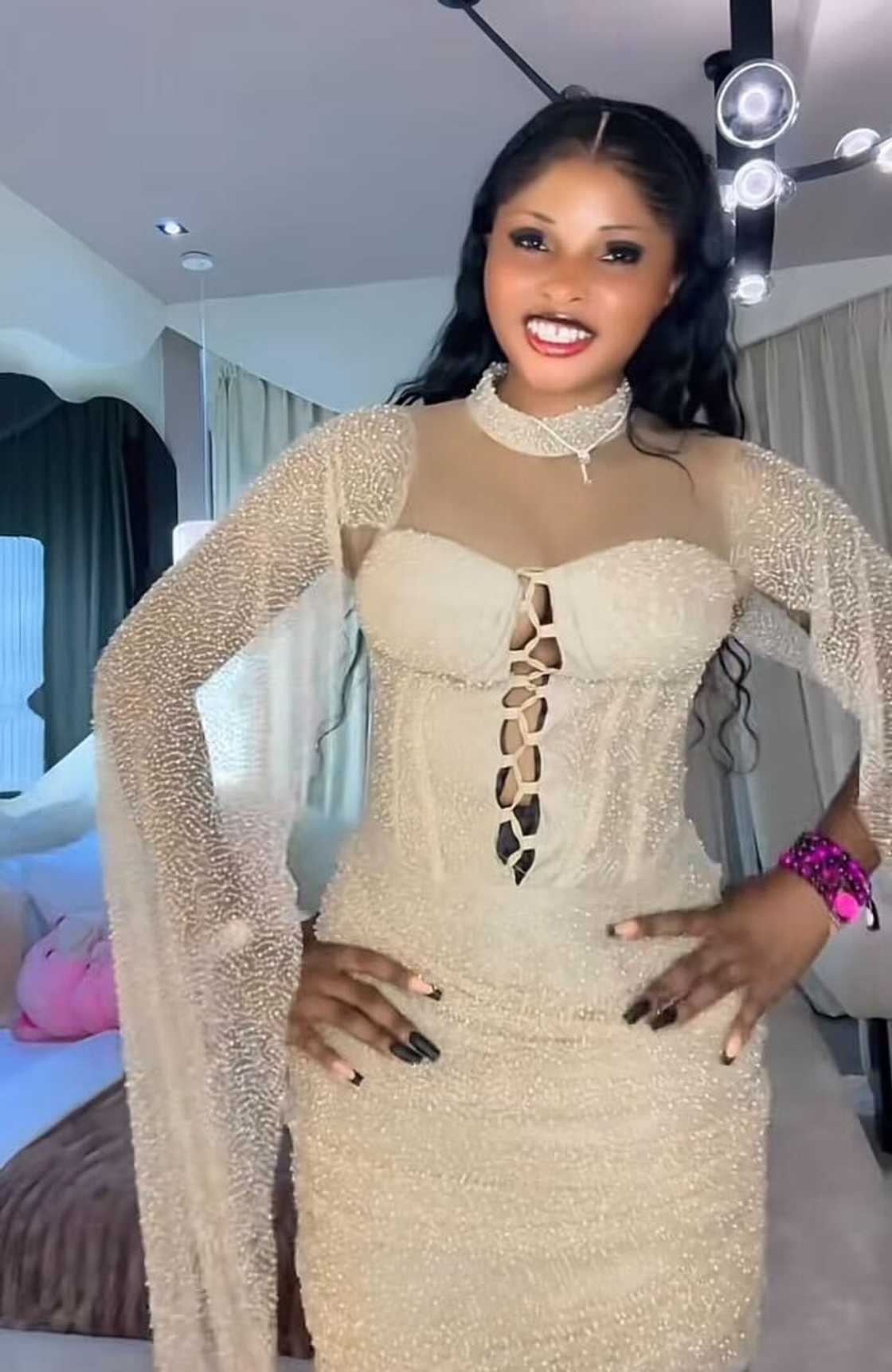 A woman's online purchase left her in tears, as she posed in a TikTok video. A woman's online purchase left her in tears, as she posed in a TikTok video.