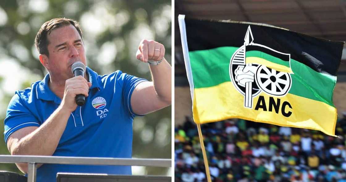 DA leader John Steenhuisen and an ANC flag. DA leader John Steenhuisen and an ANC flag.