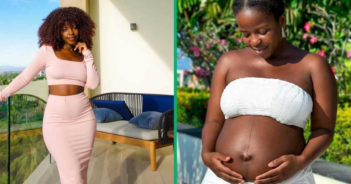 Young woman shows her body while she slim versus when she is pregnant. Young woman shows her body while she slim versus when she is pregnant.