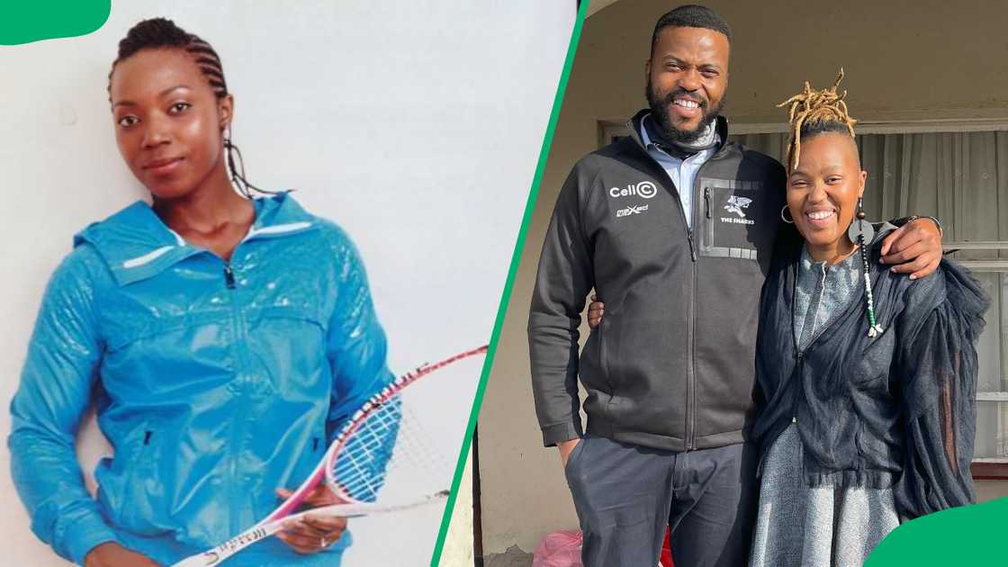 Msaki's sister holding a racket and taking a picture with her brother