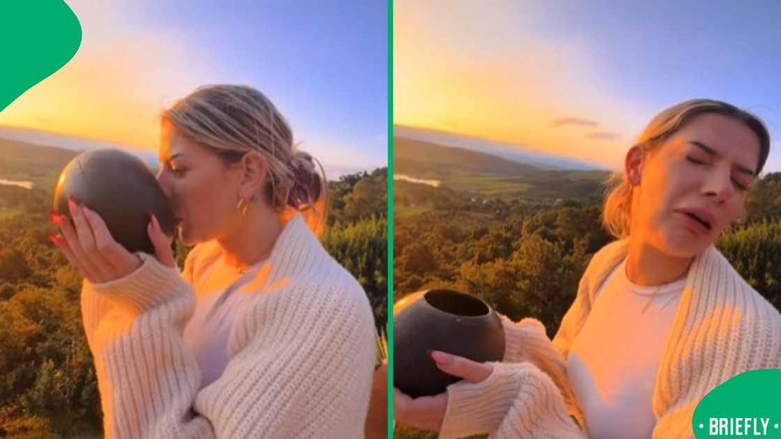 The picture on the right captured her reaction after drinking traditional beer