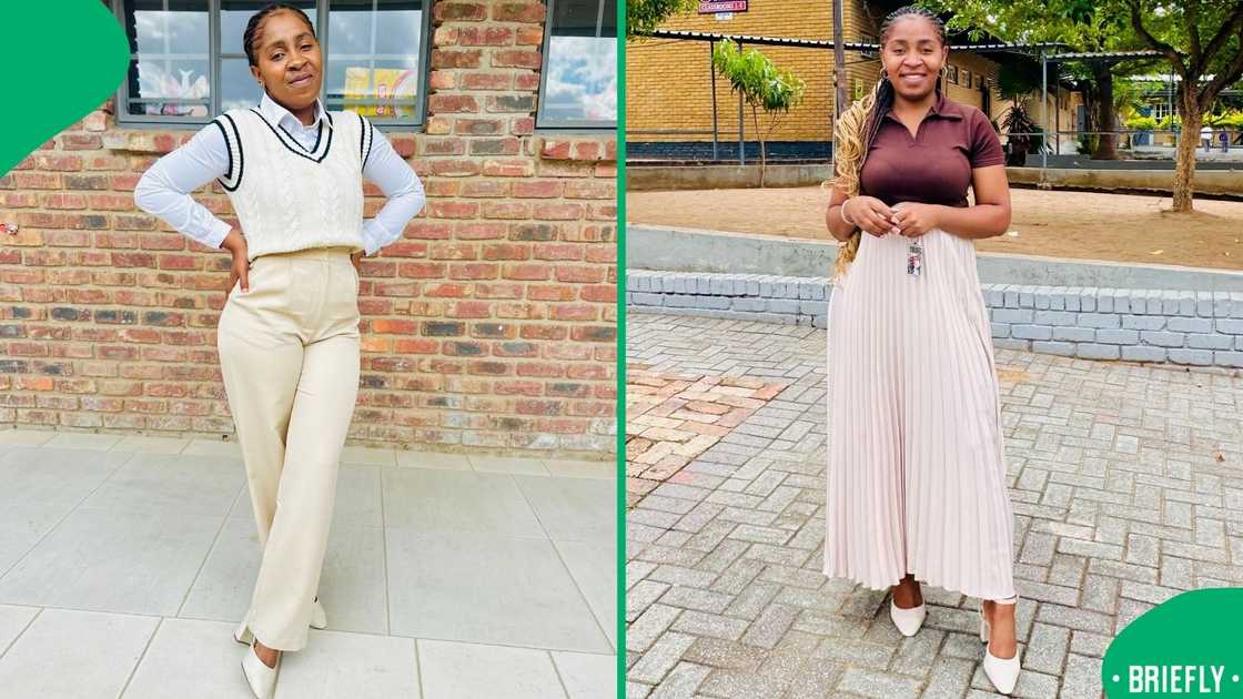 The visual on the left captured the teacher wearing a matching cream outfit The visual on the left captured the teacher wearing a matching cream outfit