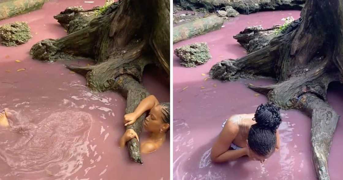 Woman takes bath in pink water in the Eastern Cape