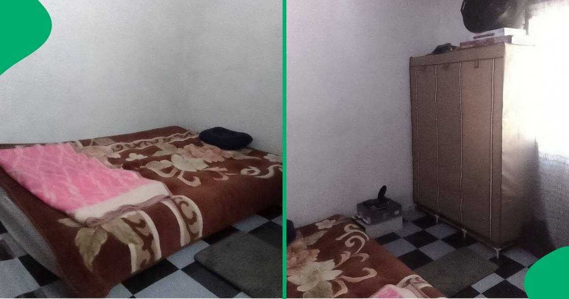 Young man shows his sleeping area. Young man shows his sleeping area.