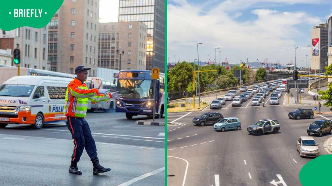 A traffic cop controlled road traffic in South Africa on a road.