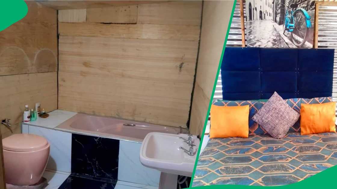 A woman showed off her shack's bathroom and bedroom. A woman showed off her shack's bathroom and bedroom.