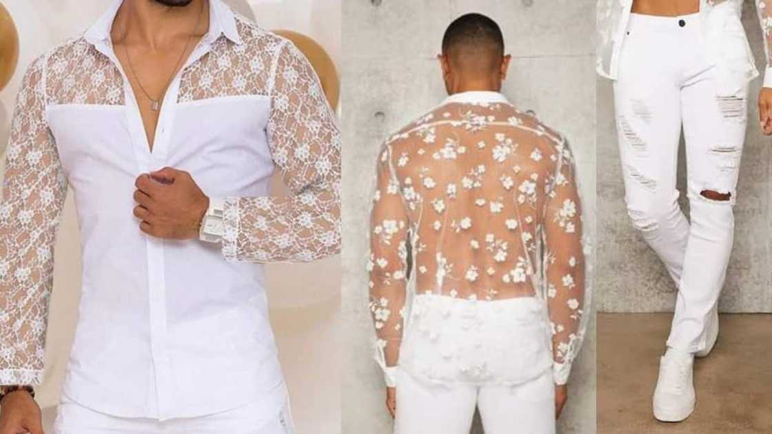 Long-sleeved floral see-through shirt with white rugged jeans