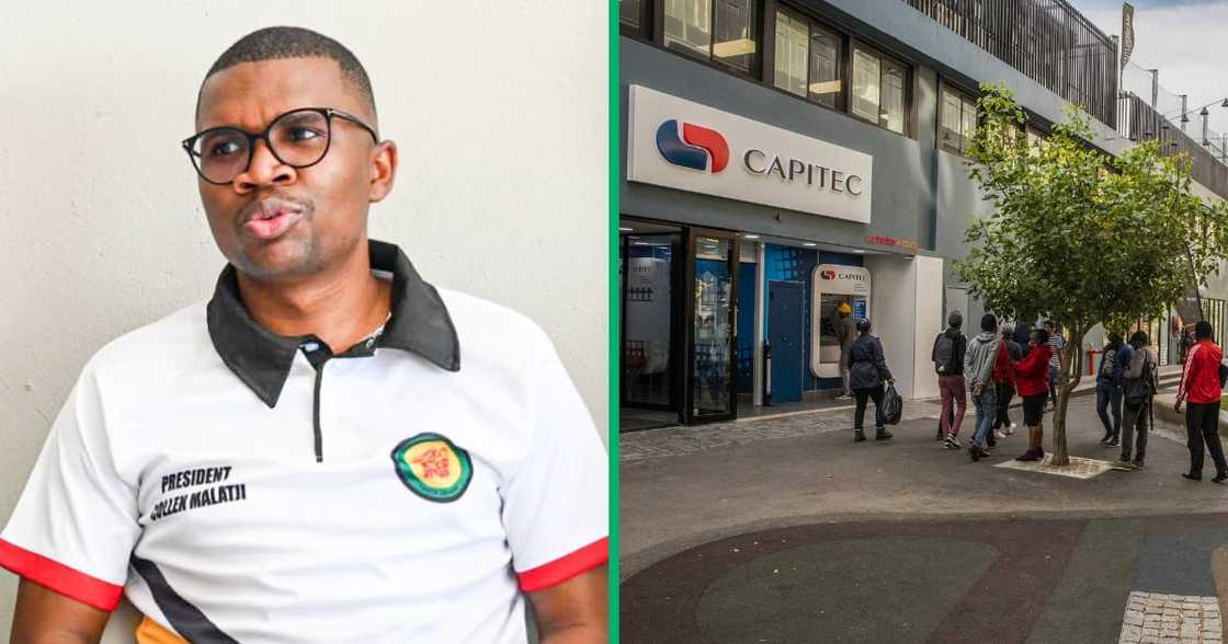 Collage Image of ANCYL president Collen Malatji and customers waiting in line to use an automatic teller machine (ATM) at a Capitec Bank Collage Image of ANCYL president Collen Malatji and customers waiting in line to use an automatic teller machine (ATM) at a Capitec Bank