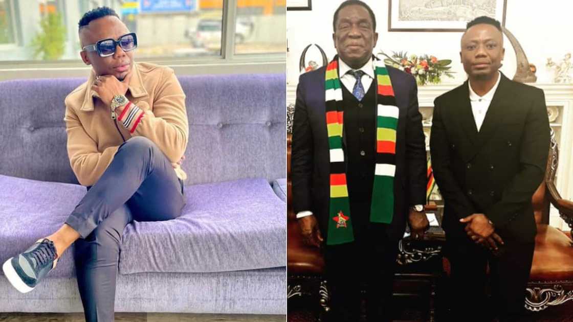 Zimbabwean president Emmerson Mnangagwa standing next to DJ Tira Zimbabwean president Emmerson Mnangagwa standing next to DJ Tira