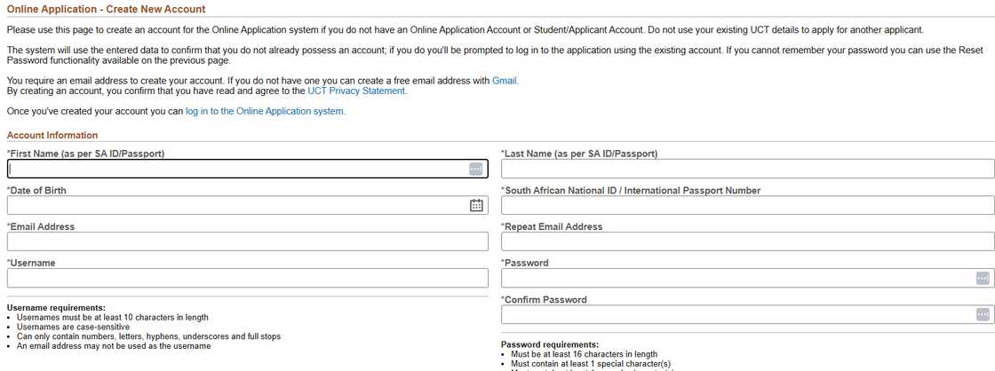 The UCT account creation page The UCT account creation page