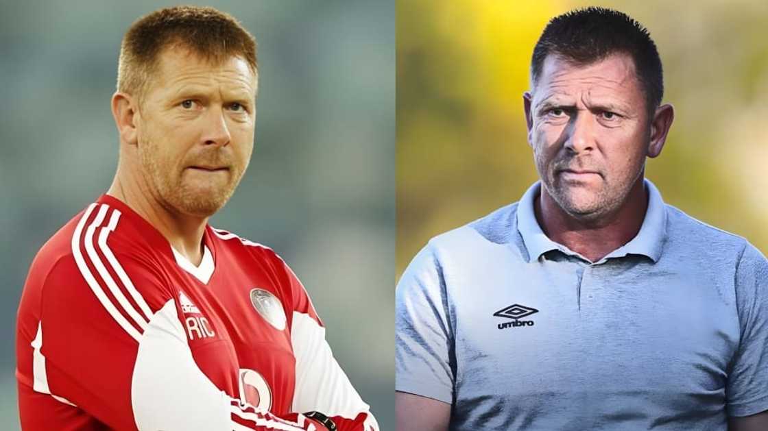 Eric Tinkler wearing red and grey T-shirts as he observes players on the field