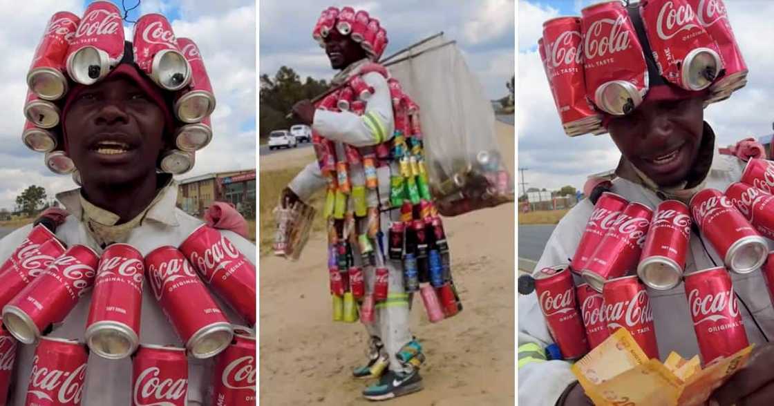 BI Phakathi helps man wearing cans to promote recycling BI Phakathi helps man wearing cans to promote recycling