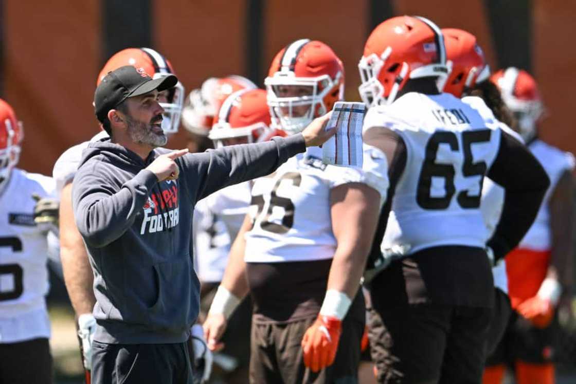 Head coach Kevin Stefanski of the Cleveland Browns directs a drill during an OTA offseason workout