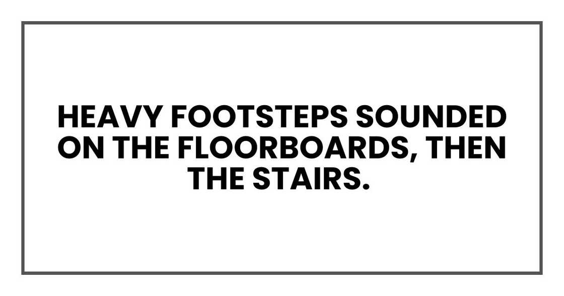 Heavy footsteps sounded on the floorboards, then the stairs. Heavy footsteps sounded on the floorboards, then the stairs.