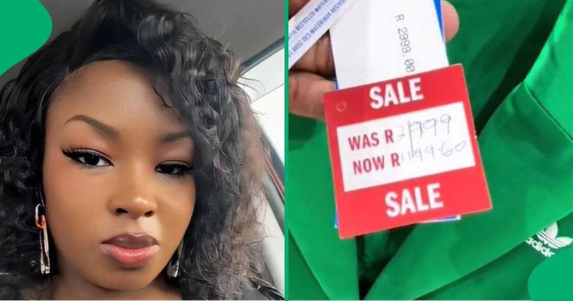 Woman finds marked-down Adidas sports blazer. Woman finds marked-down Adidas sports blazer.