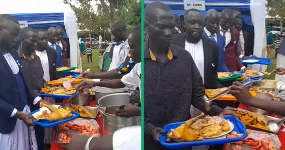 The video displays a row of men, each with whole chickens placed on their serving trays, as they participate in a celebratory event The video displays a row of men, each with whole chickens placed on their serving trays, as they participate in a celebratory event