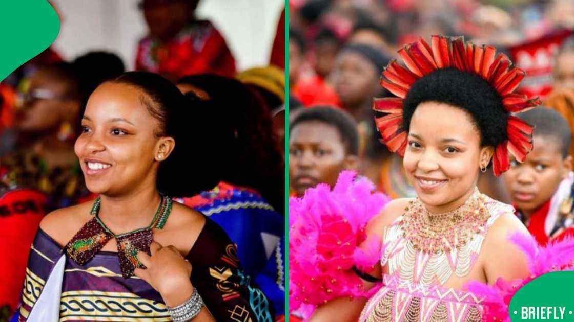In the right picture, the Ndlunkule Mawewe appeared in a traditional outfit decorated with bright pink feathers and detailed beadwork