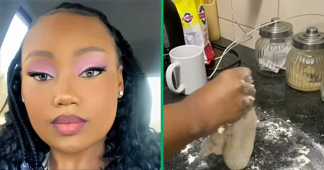 A TikTok video shows a young woman cooking pizza on a pan. A TikTok video shows a young woman cooking pizza on a pan.
