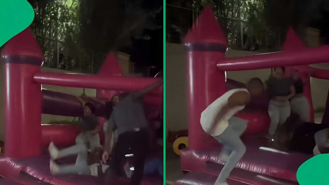 A TikTok video shows grown men and women enjoying a jumping castle at an event.