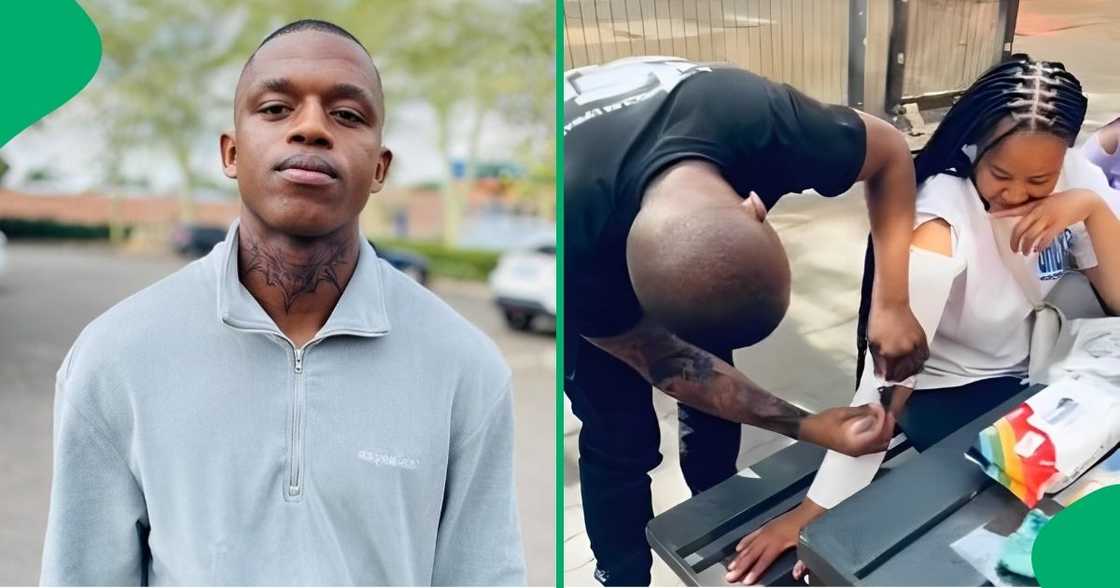 A man showed himself applying a temporary tattoo on a woman's arm. A man showed himself applying a temporary tattoo on a woman's arm.