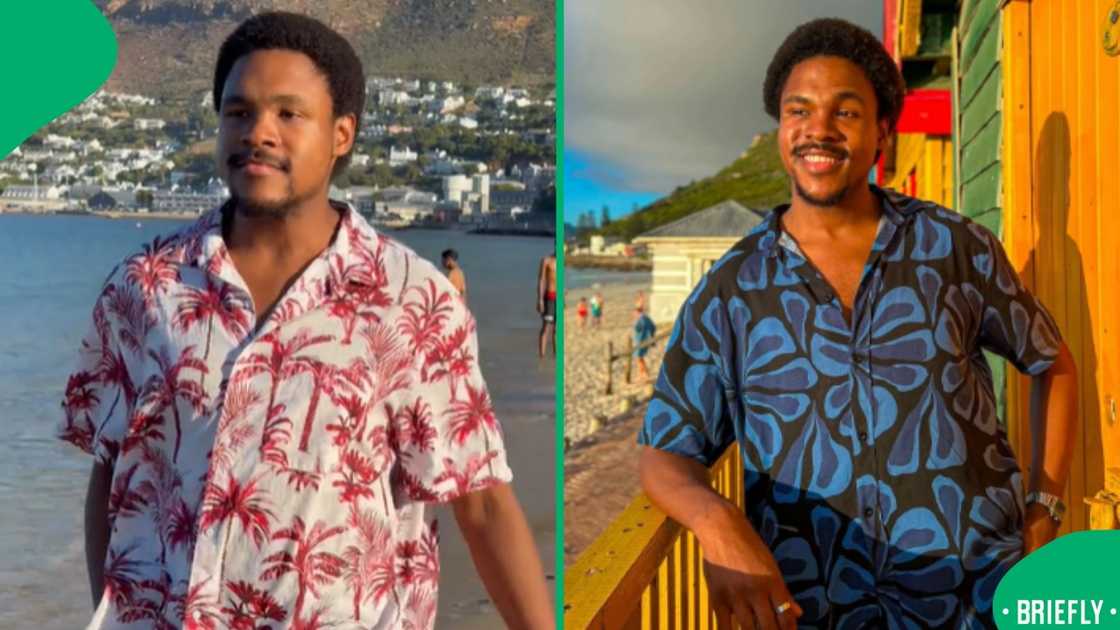 The visual on the right captured the man posing behind the iconic, colourful Victorian bathing boxes at Muizenberg Beach The visual on the right captured the man posing behind the iconic, colourful Victorian bathing boxes at Muizenberg Beach