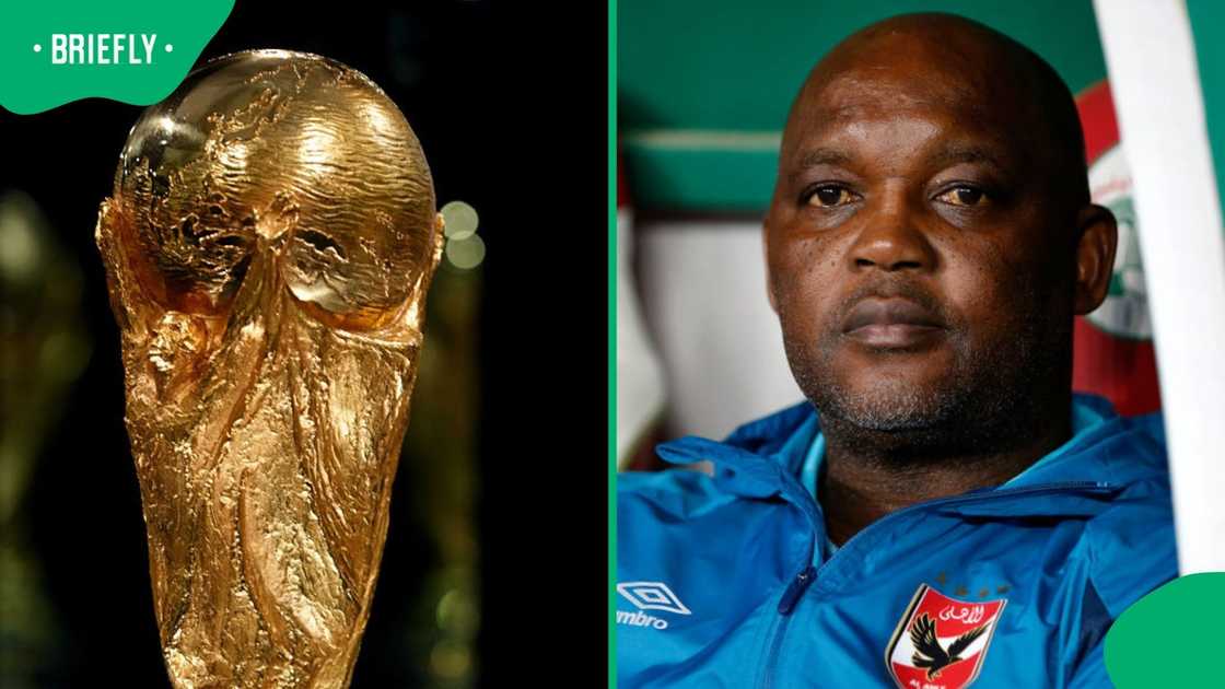Image collage of Pitso Mosimane during a CAF champions league match and the FIFA World Cup trophy
