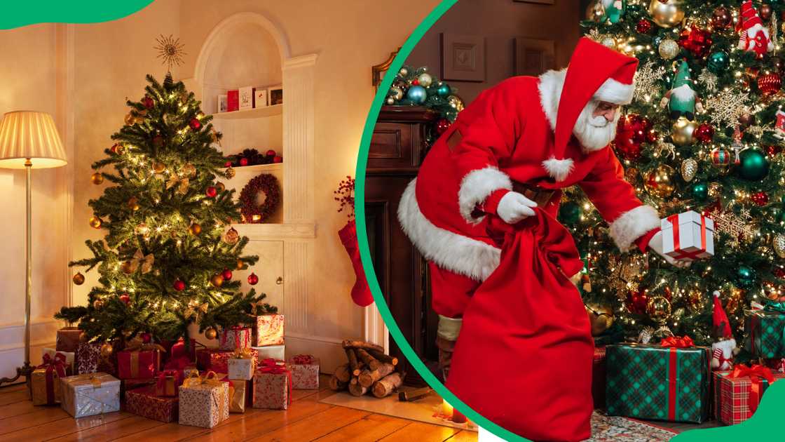 Christmas tree with gifts near the fireplace (L). Santa Claus, putting a gift under the Christmas tree (R).